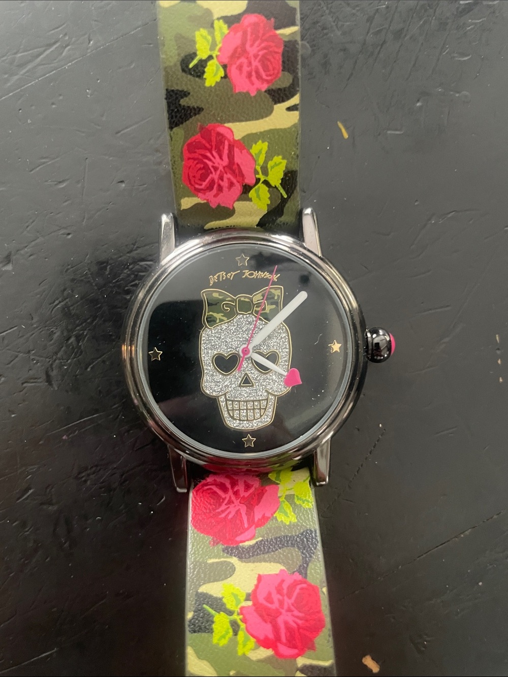 Betsey Johnson Black Dial Watch with Pink Roses and Green Camo Strap